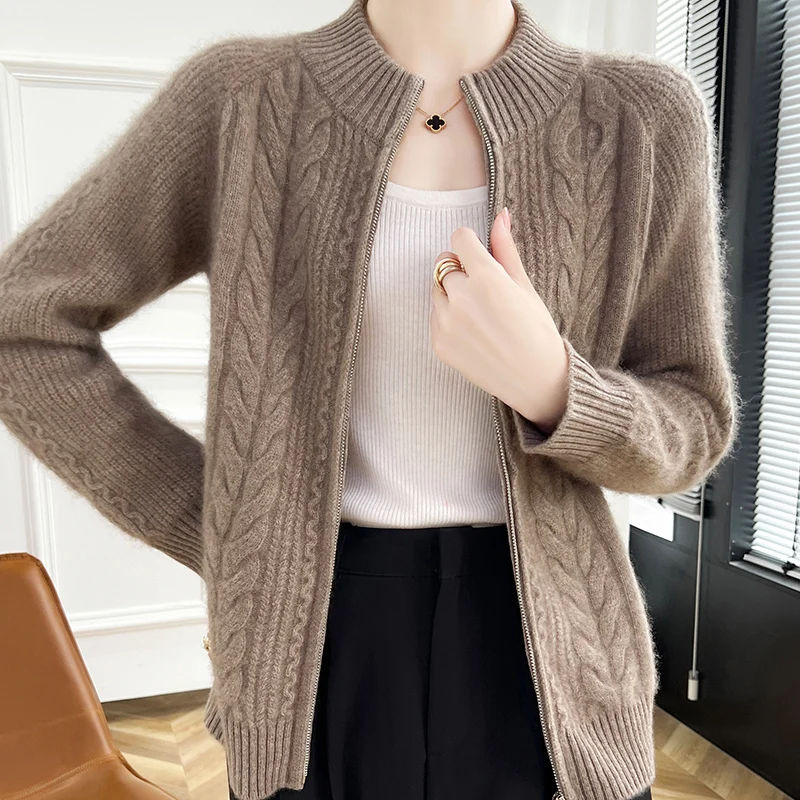 100% merino wool cardigan New cashmere sweater in autumn and winter women's semi-high neck cardigan warm knit bottoming coat