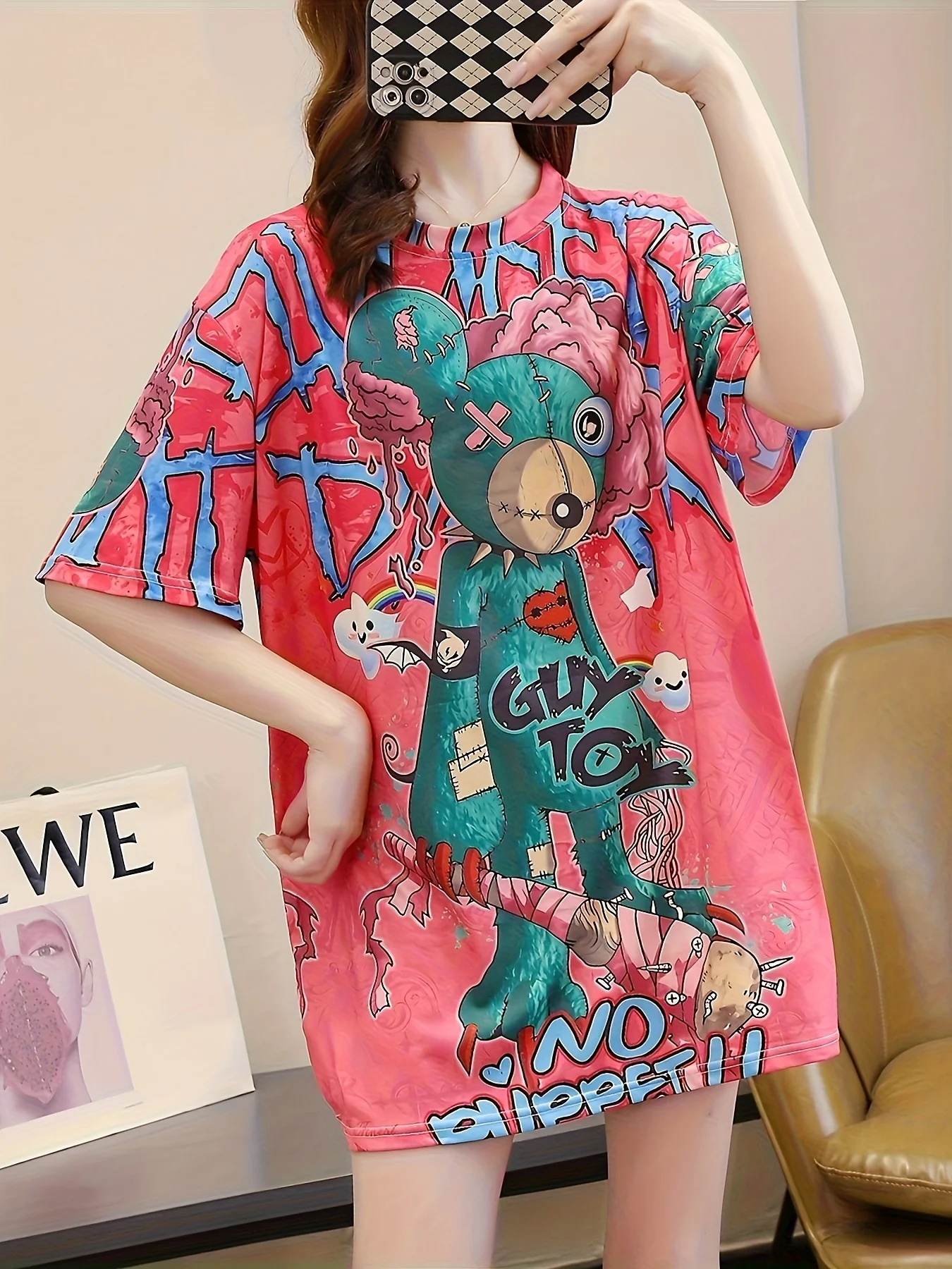 

Large-sized Loose, Fashionable and Trendy, Slimming Cartoon Round-neck Printed Mid-length Short-sleeved T-shirt for Women