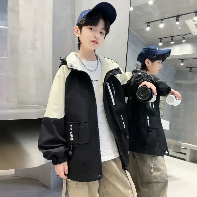 4-14Yrs Teens Boys Spring Autumn Pocket Jacket 2025 New Casual Clothes Large Children\'s Zipper Hooded Windproof kid overcoat