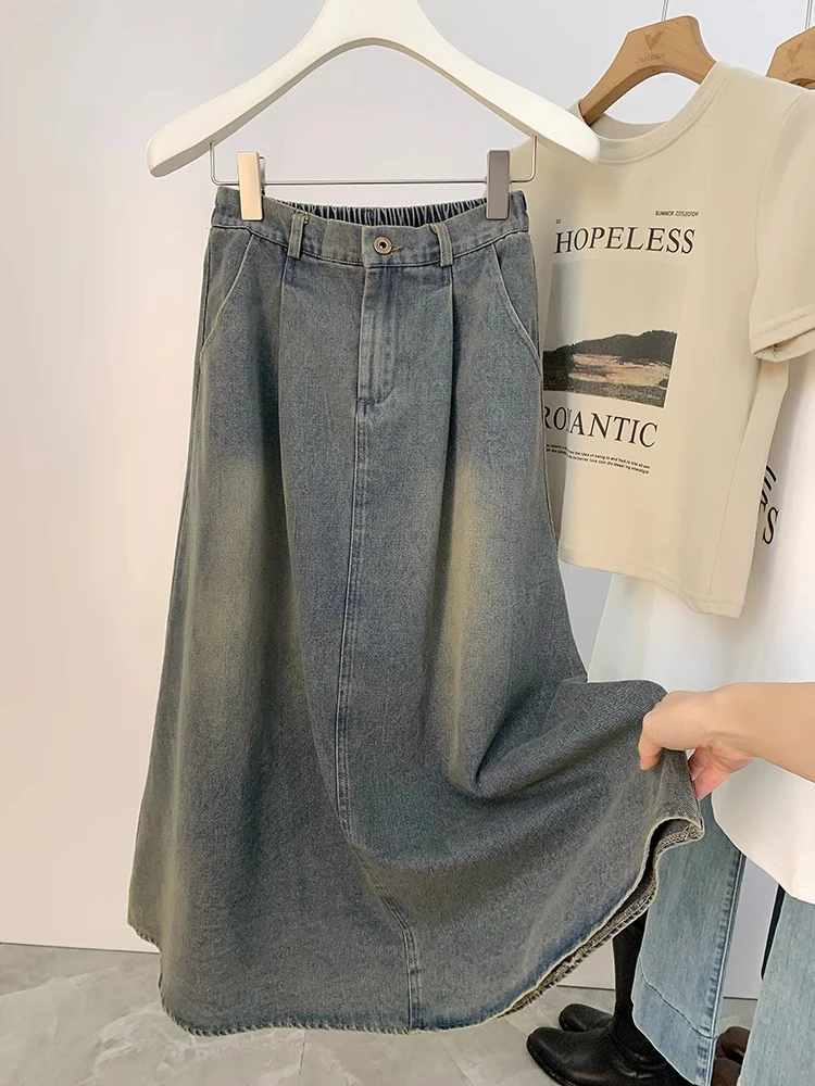 

Retro Distred Denim A-Line Midi Skirt for plus Size Women Loose Fit High Waist Cotton Blend Spring Summer Casual Skirt