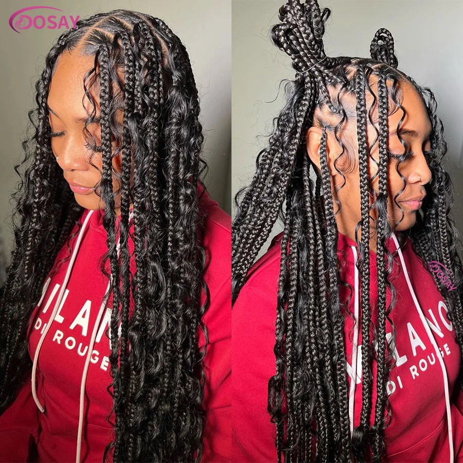 Peluca trenzada Boho de encaje completo sintético para mujeres negras, trenzas de diosa con rizos bohemios, sin nudos