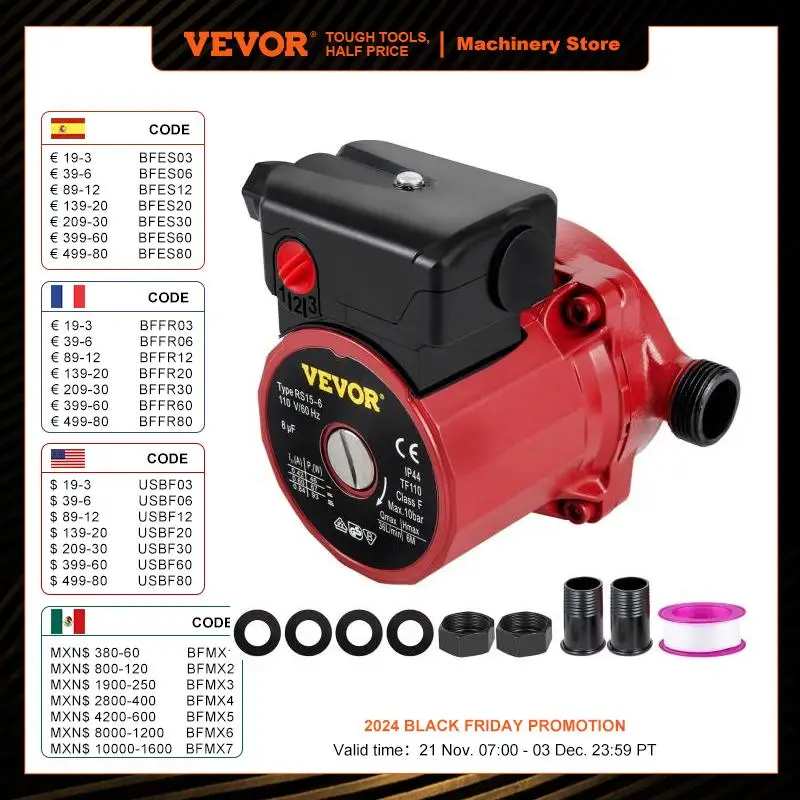 VEVOR RS15-6 Hot Water Recirculating Pump 110V Circulation Pump 3/4-Inch NPT 3-speed 9.5 Gpm Water Heater Recirculation Pump