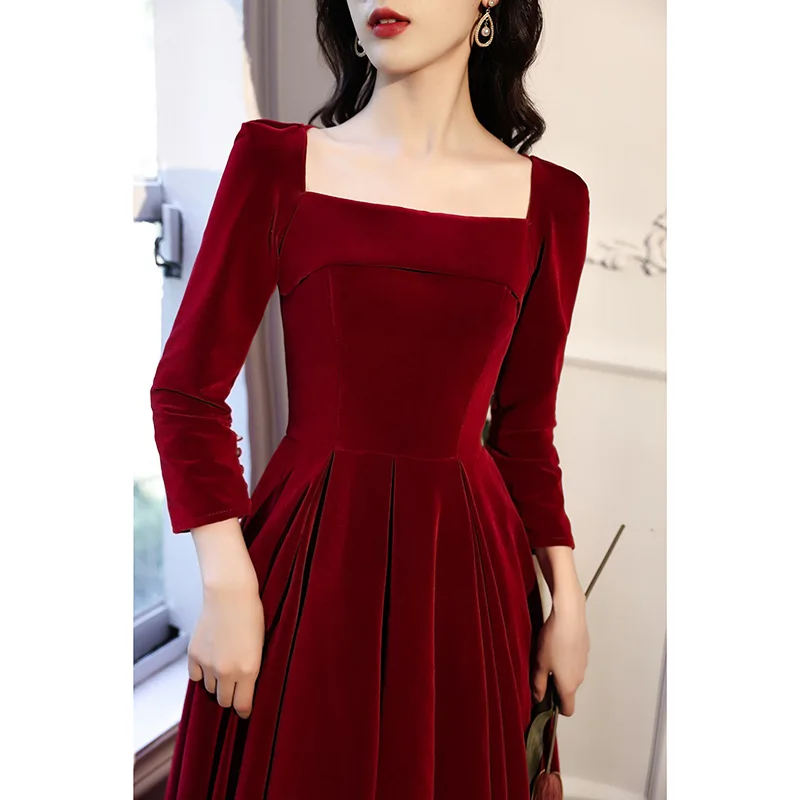 Burgundy Velour Sexy Square Collar Long Sleeve Back Zipper Evening Dress Bride Wedding Tulle Formal Prom Gowns Vestidos Size 8XL