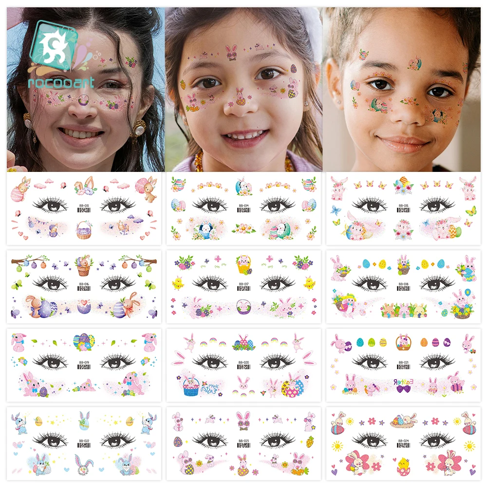 

12 листов Пасхальные временные татуировки для лица для детей Пасхальная корзина Наполнители яйца и кролика Поддельные блестящие татуировки для мальчиков и девочек