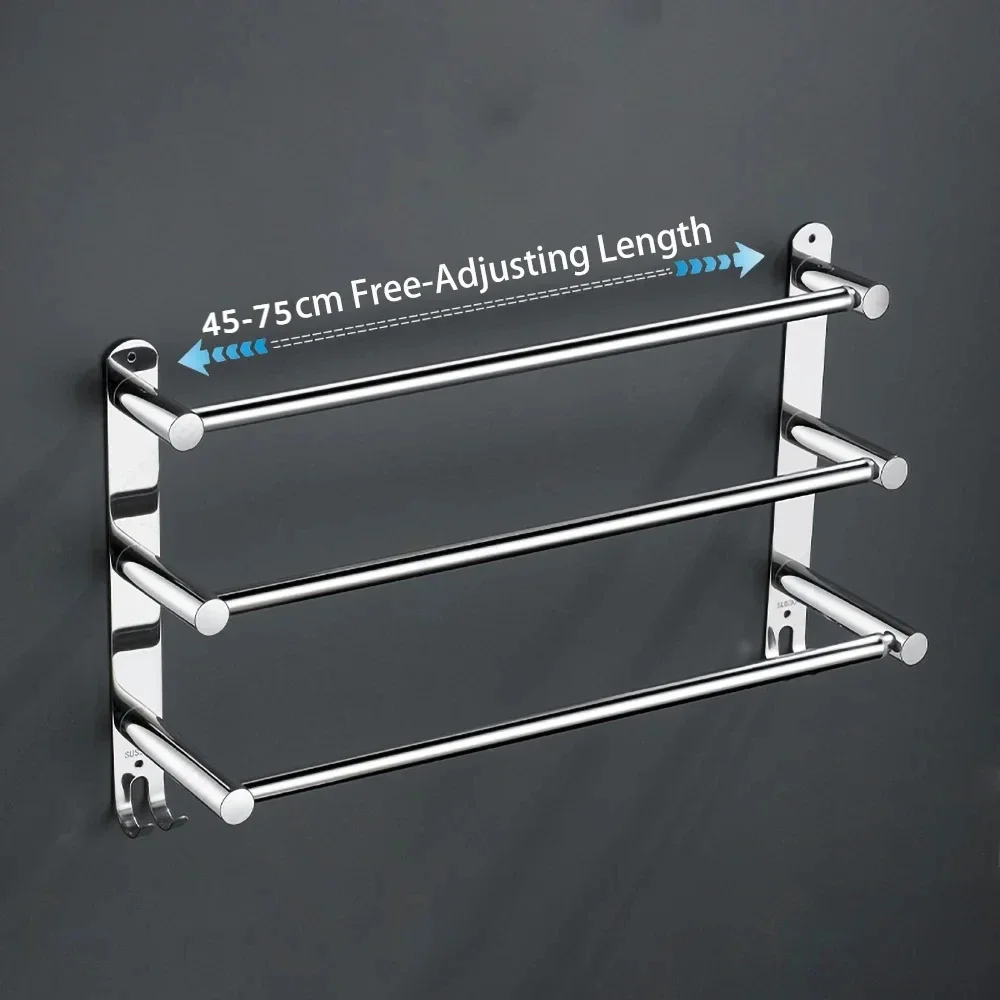 Bathroom Extendable Towel Rail Coat Hanger Silver 304 Polished Stainless Steel Bath Holder 45-75cm Retractable Bar With Hook