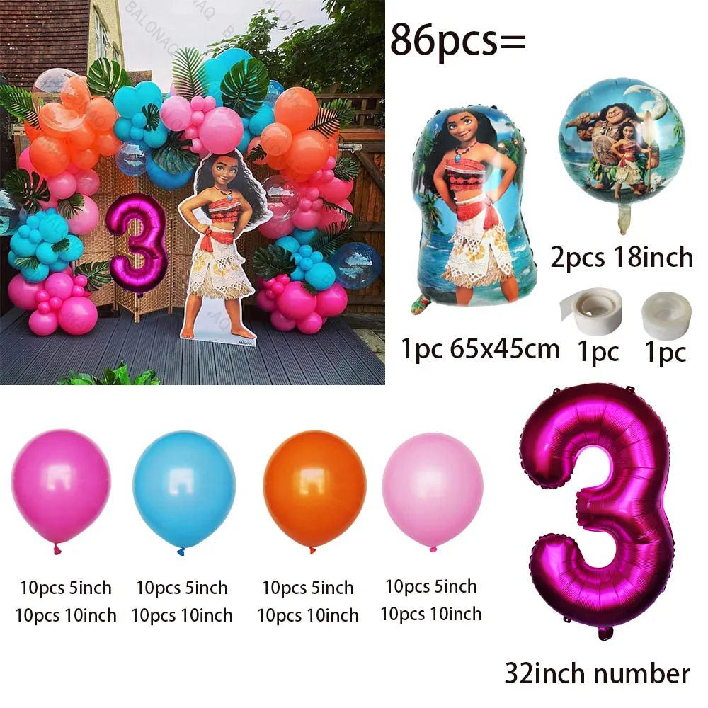 86PCS Ocean Adventures Moana Palloncino Colonna Set 32 pollici Numero rosa Daisy Foil Globos 1-9st Girl Birthday Party Decorazioni per la casa