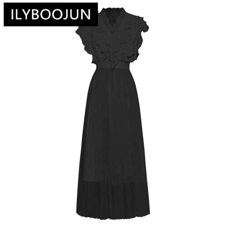 

ILYBOOJUN Summer High Quality New Dress Women V Neck Ruffled Short Sleeves Ruched Design Mesh Big Swing Princess Maxi Dresses