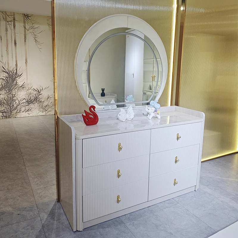 Simple Modern White 6 Drawer Dresser Cabinet Desk Bedroom Furniture Wooden Luxury Light Emitting Diode Mirror