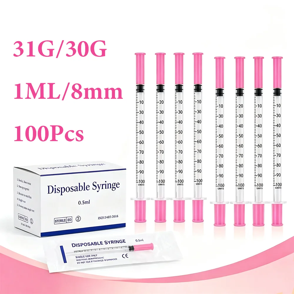 1ml 31G/30G (8mm) disposable pink plastic veterinary syringe, sterile insulin syringe, equipped with a pink cap and needle, suitable for use in pets, farm animals, and laboratories. 100PCS