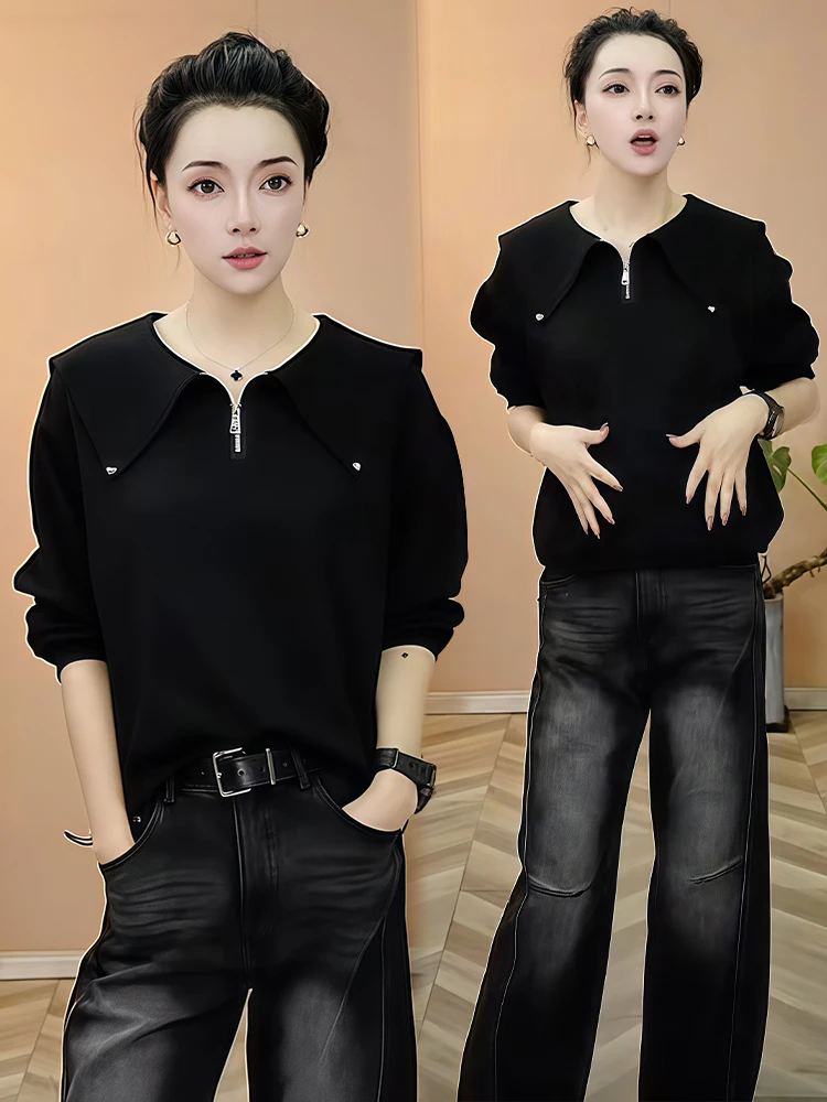 

Весна 2026: Женская футболка с длинным рукавом на молнии, приталенный топ, модный повседневный стиль, корейский свободный крой, однотонная, влагоотводящая