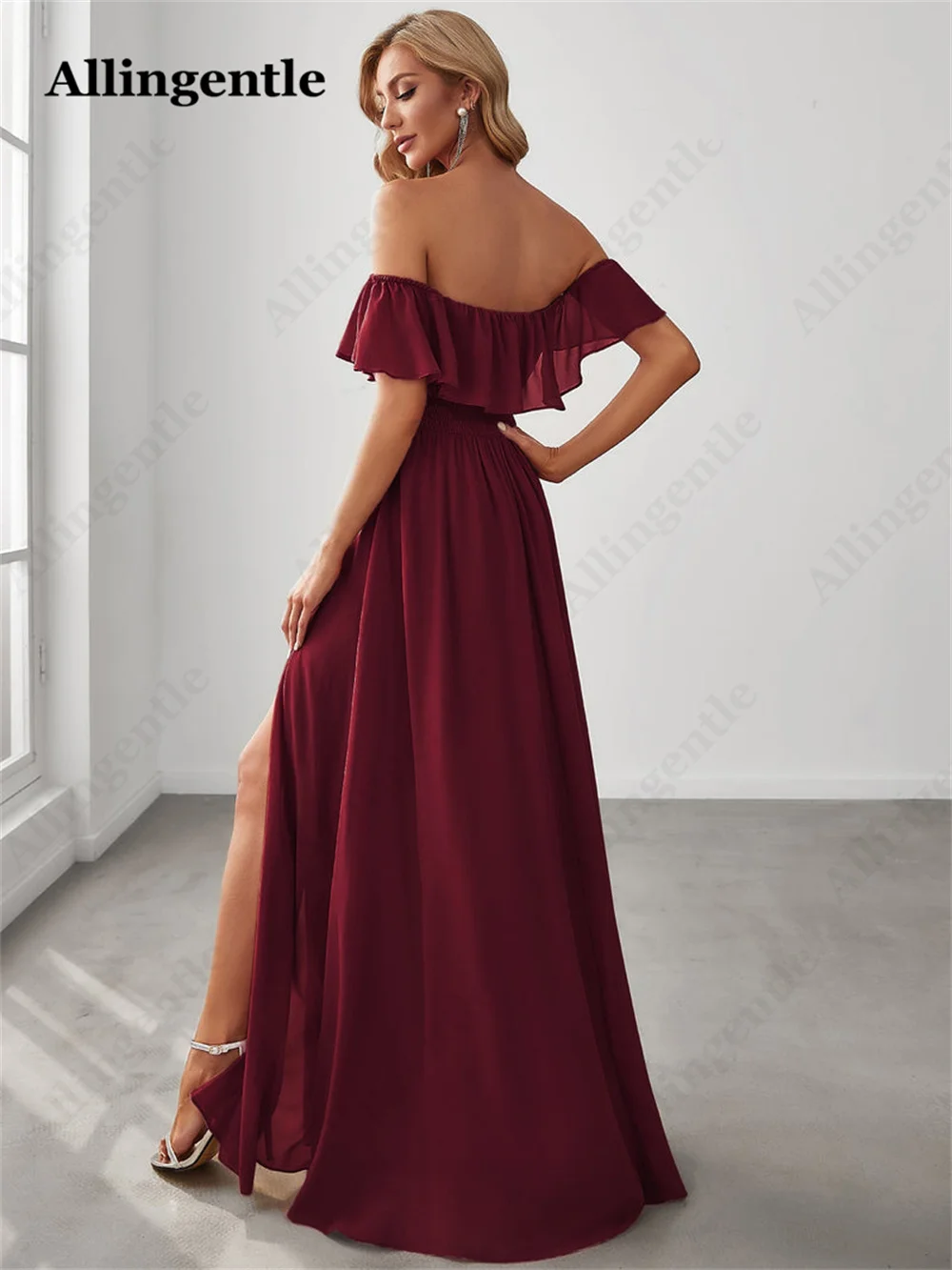 Allingentle Bridesmaid Dresses 2024 Women's Off Shoulder Ruffle Sleeves Burgundy Chiffon Prom Evening Gowns Maxi Dress Side Slit