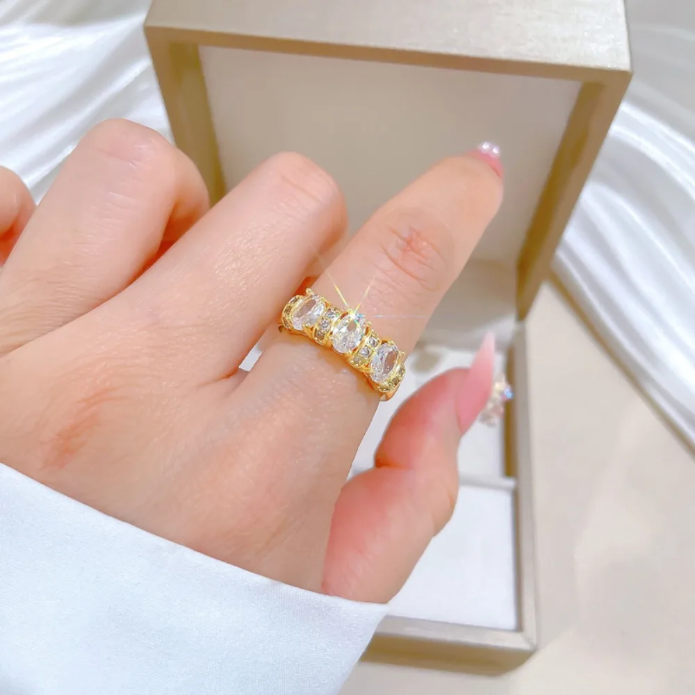 Fashion Temperament Sparkling Zircon Crystal Adjustable Opening Rings for Women Gold Color Stainless Steel Charm Finger Jewelry