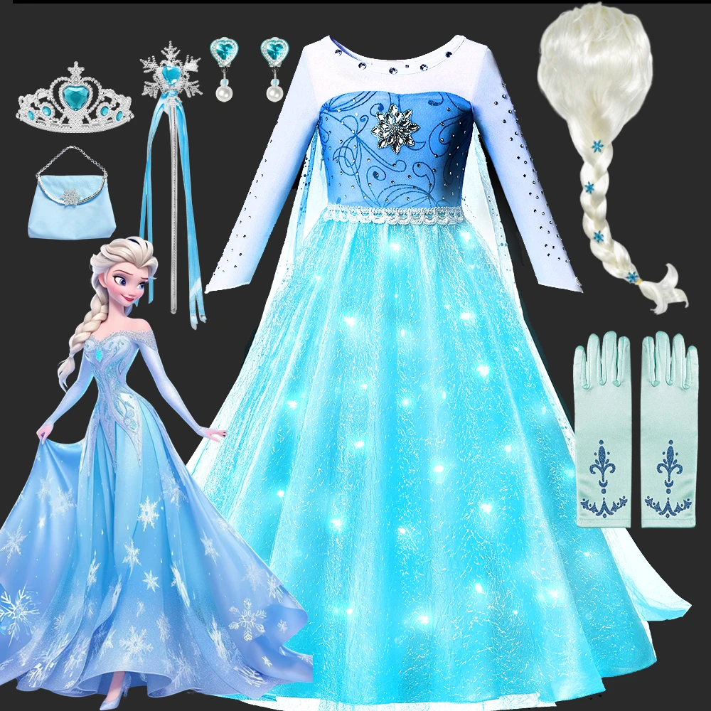 

Frozen Dress For Kids Girl Elsa Anna Cosplay Costumes LED Light Up Skirt Snow Queen Wedding Flower Girl Halloween Carnival Dress