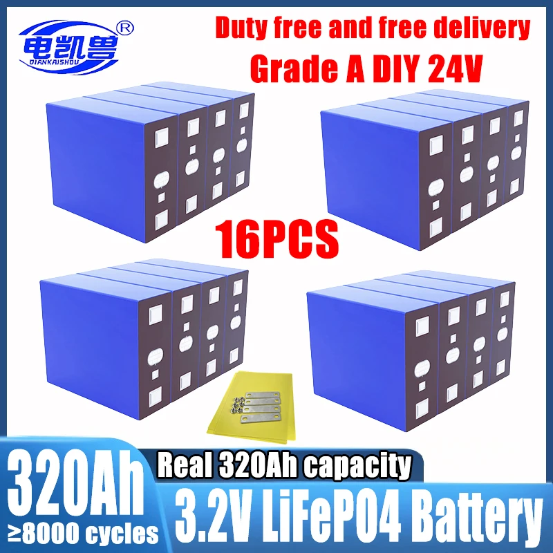 16 pcs 320Ah 3.2V New Lifepo4 Rechargeable Battery Lithium Iron Phosphate Cell 24V 48V Travel Solar Campers batteries Duty-free