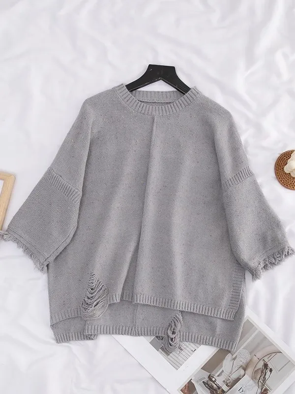 

Women's Autumn Winter Thiened Knitted Sweater 225 Overhead Sle Hole Design Casual Vintage Outerwear round Ne Regular S...