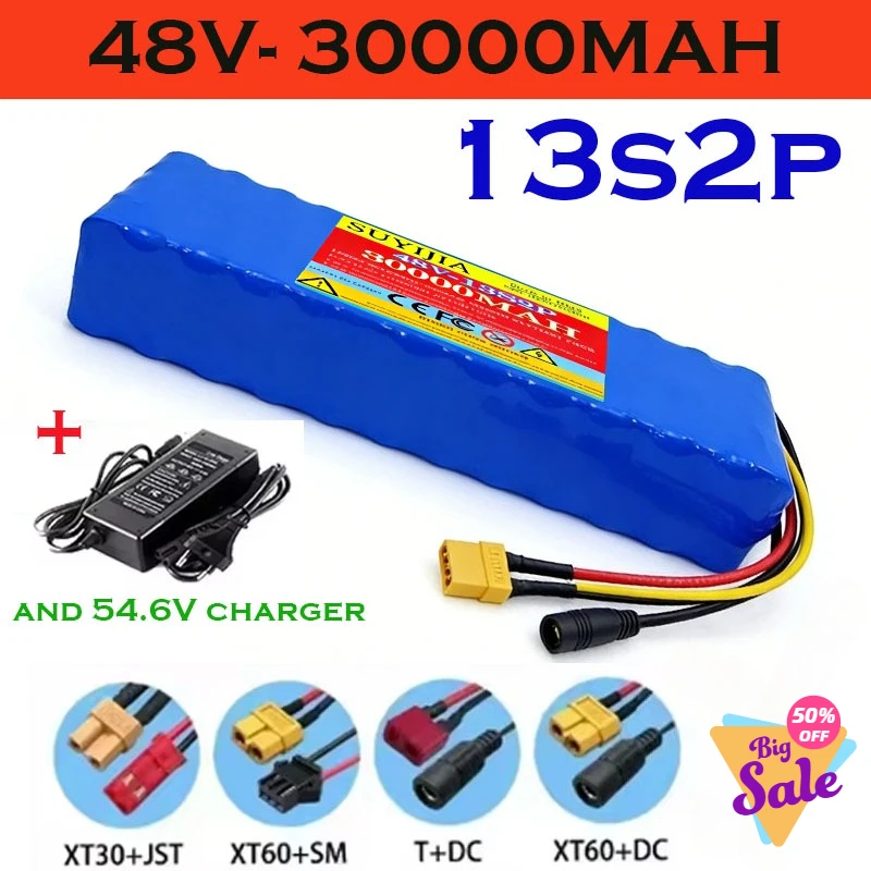 13s2p High Power 18650 Battery 48V 30Ah Electric Car Electric Motorcycle DIY Battery + 54.6V 2A Charger