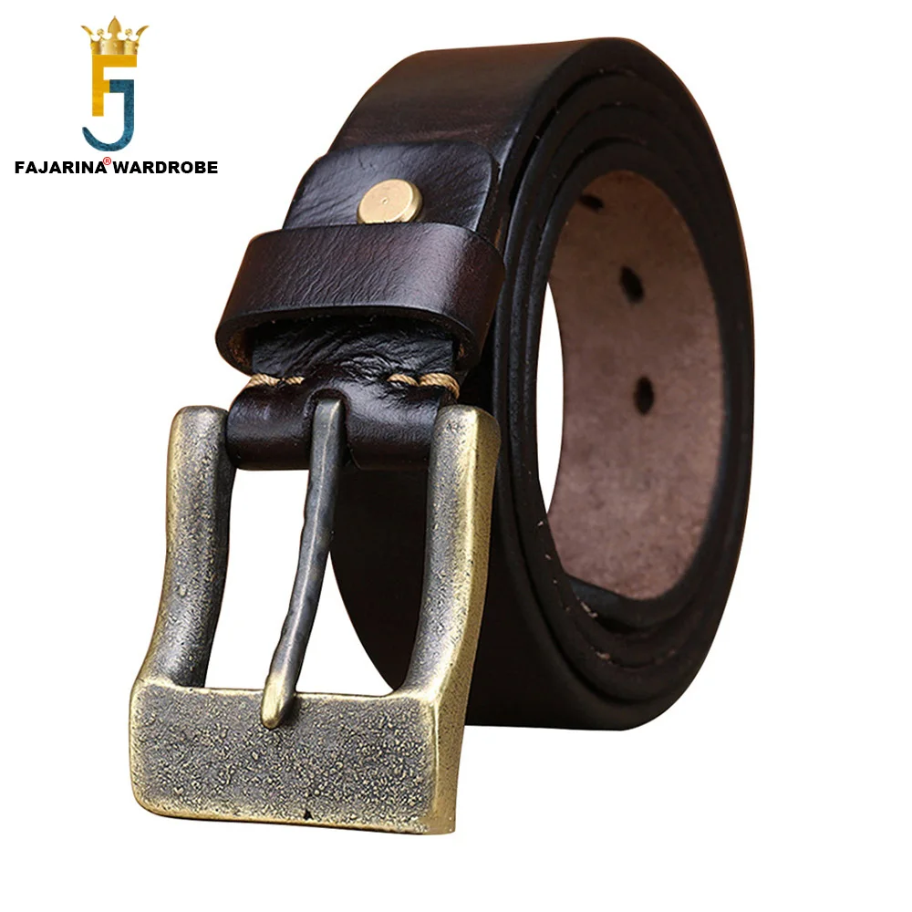 

FAJARINA Top Quality Pure Solid Cowskin Leather Retro Design Brass Pin Buckle Belt for Men