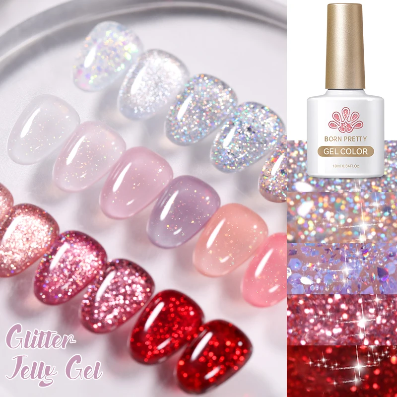 BORN PRETTY 10ml Glitter Sequins Gel Nail Polish Shining Soak Off UV Semi-permanent Varnish Base Top Coat Hard Gel Design