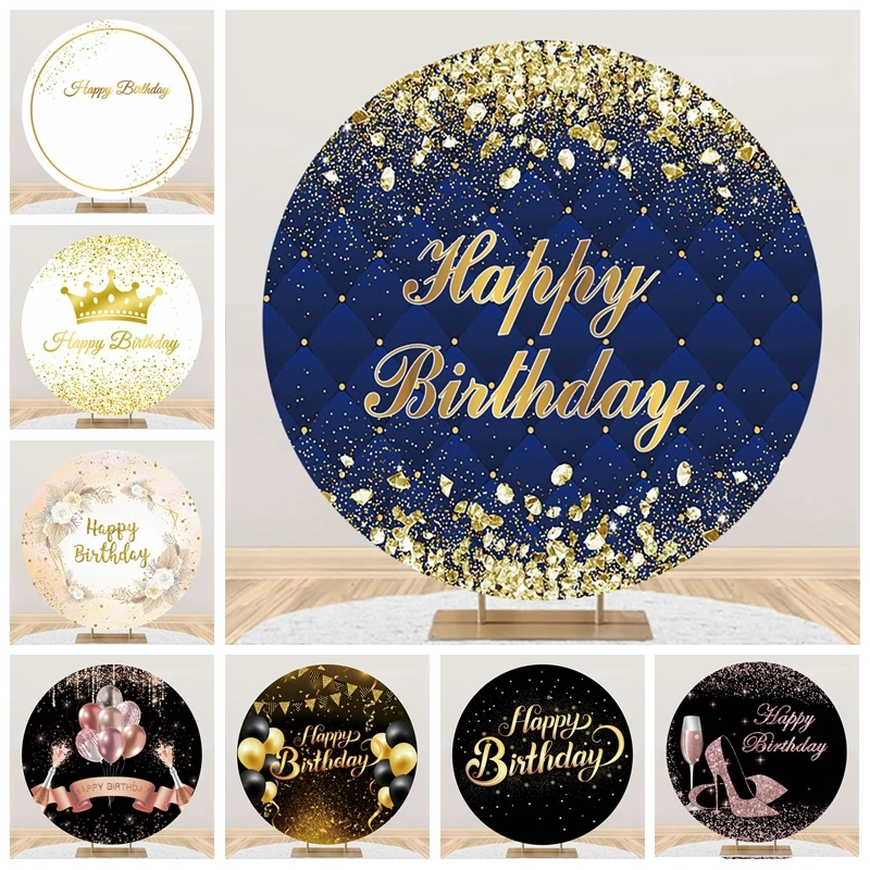 Golden Diamond Happy Birthday Party Round Photography Background Name Custom Adult Birthday Baby Shower Backdrop Photo Studio