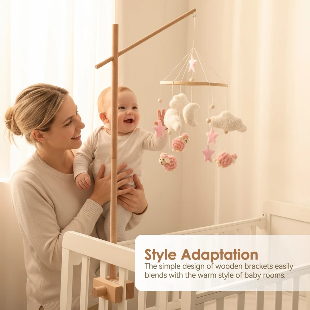 나무 침대 벨 브래킷 0-12개월 침대 벨 브래킷 사각형 나무 모빌 신생아 크로셰 침대 벨 장난감 아기 딸랑이 장난감