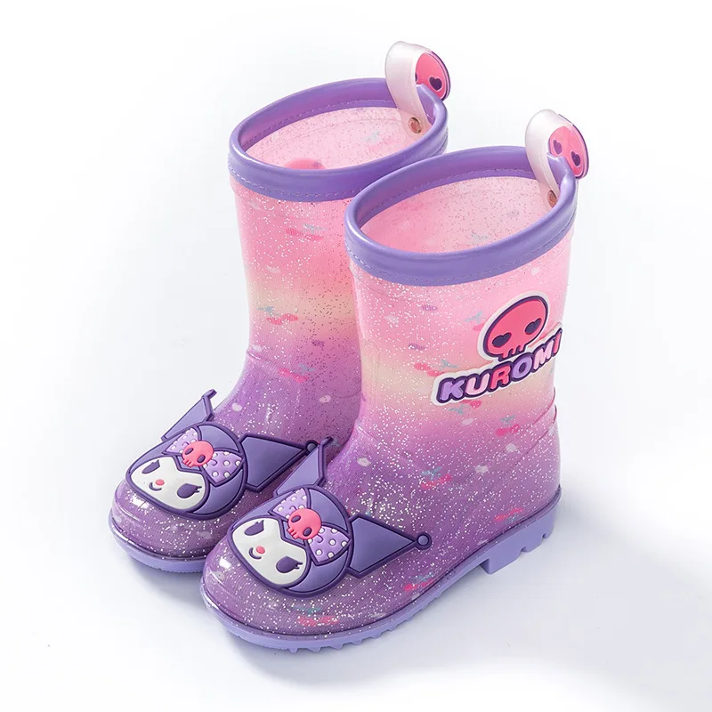 Sanrios Botas de lluvia para niños, bonitos dibujos animados, tubo medio-bajo, figura de Anime Kuromi, Botas de lluvia de cristal de dibujos animados Kawaii, zapatos de agua