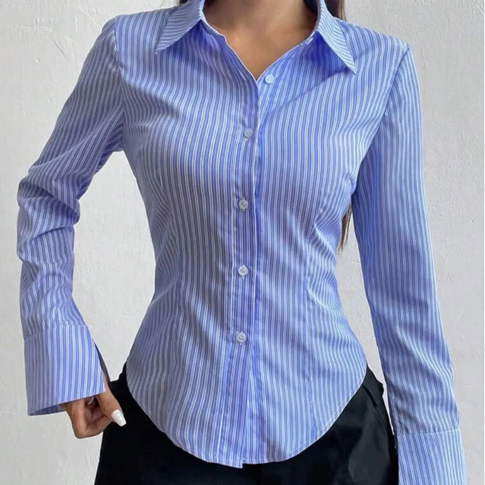 Klassieke gestreepte blouse met lange mouwen, patchwork, gestreepte shirts met enkele rij knopen voor dames, losse retro-chique tops met V-hals