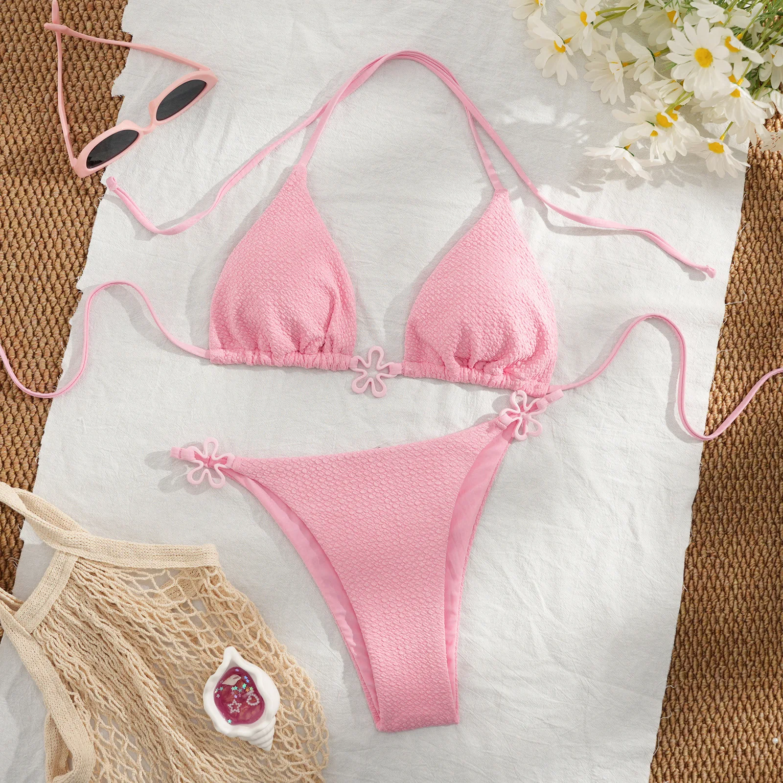 

Sexy Triangle Push Up Bikinis Women Padded String Swimwear Pink 2 Piece Swimsuit Bathing Suit Female Beach Wear Biquini Femme