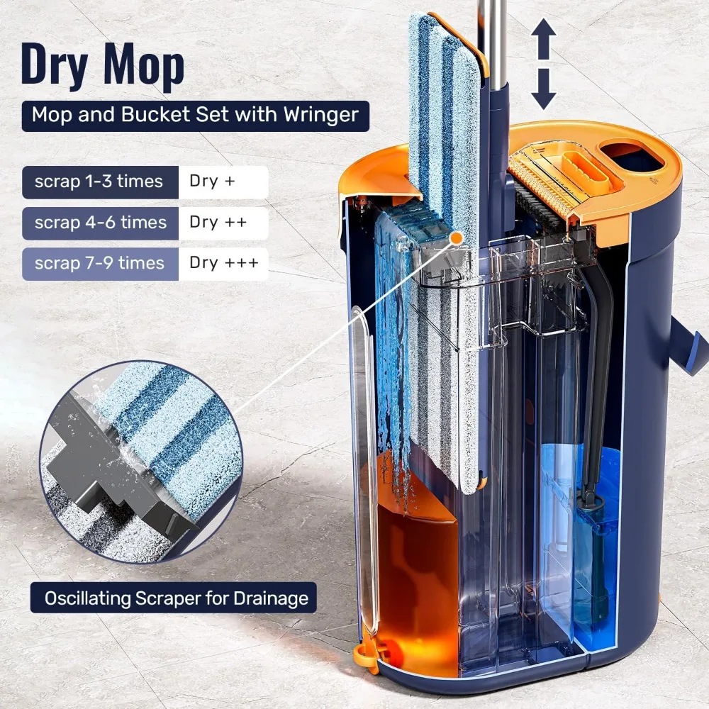 System mopowania płaskiego z 3 zbiornikami i wyciskaczem, mop do czyszczenia ścian z długą rączką, rozwiązanie do mopowania podłóg bez użycia rąk