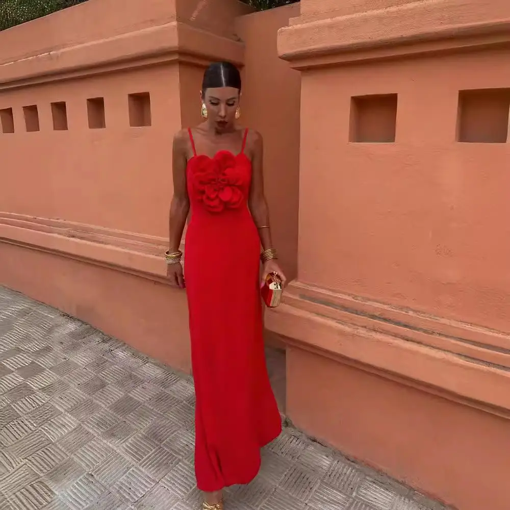 Handmade Ice Silk Pleated Long Evening Gown Women's Dr with Large Flower Design Svel Spring Season Faion