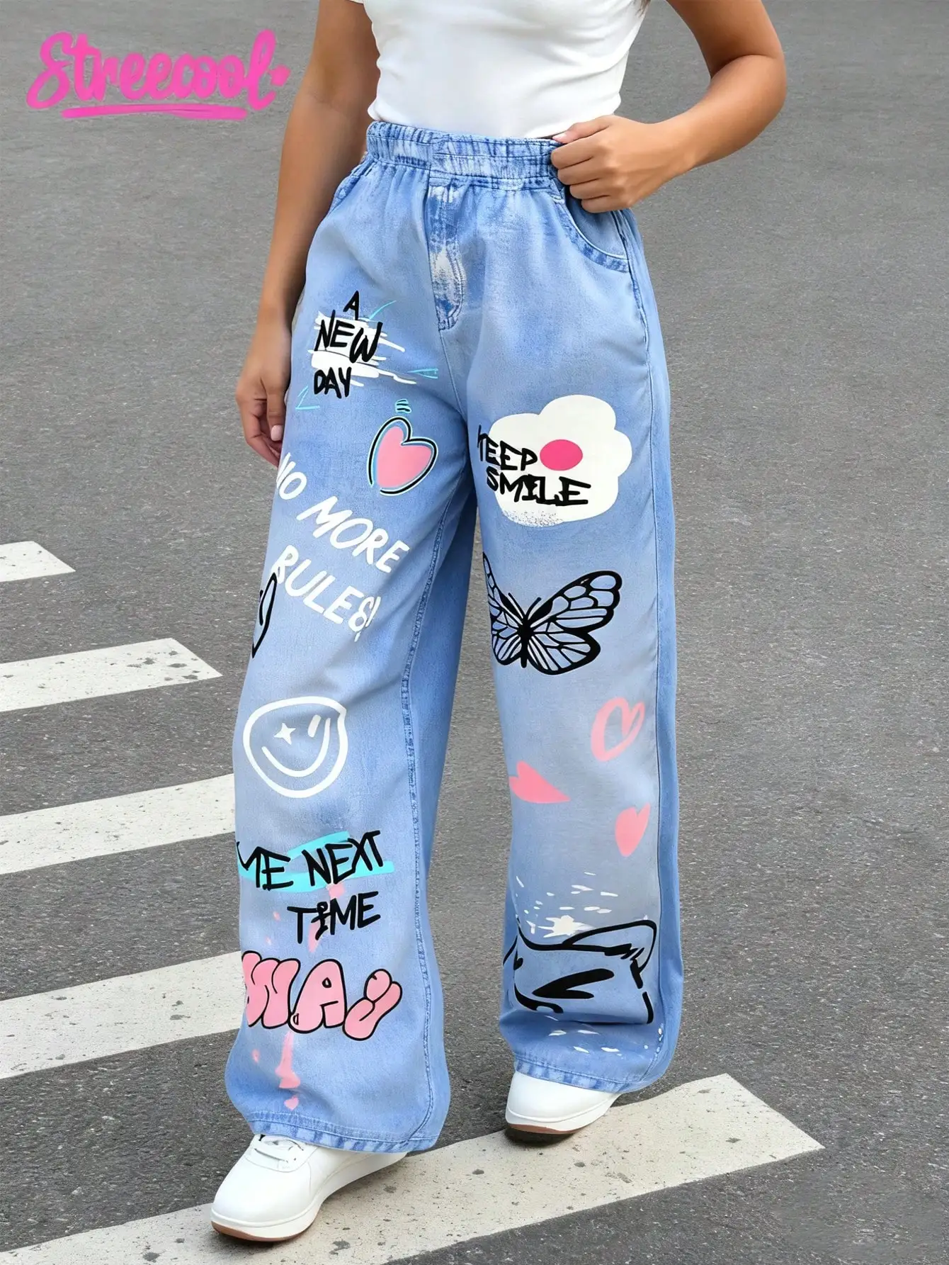 

Loose Fit Denim-Style Graphic Pants with Butterfly & Heart Prints for Teens