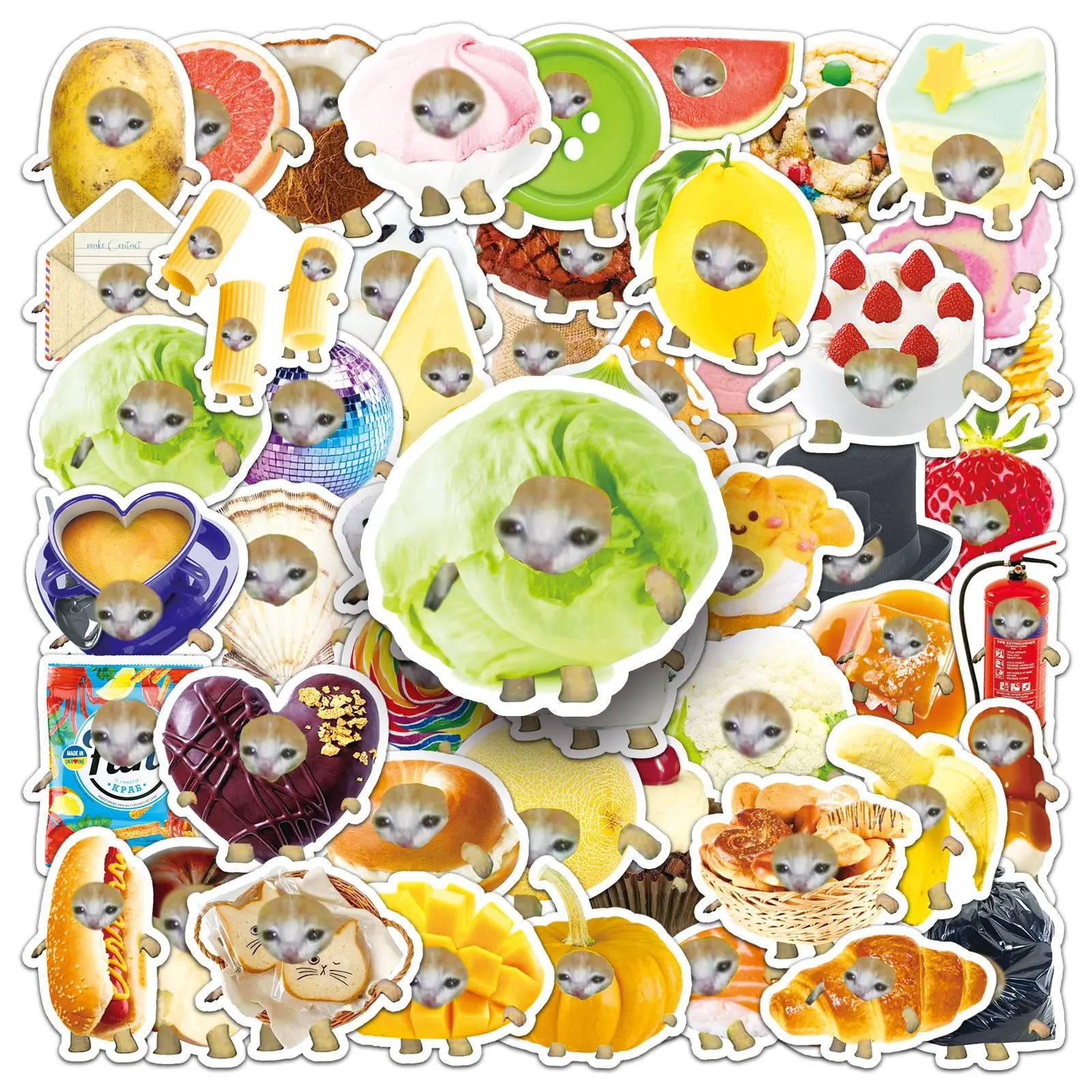 50PCS Cartoon Cute Funny Food Cat Meme Graffiti Sticker Creative DIY Water Cup Stationery Box Scrapbook Luggage Desk Guitar