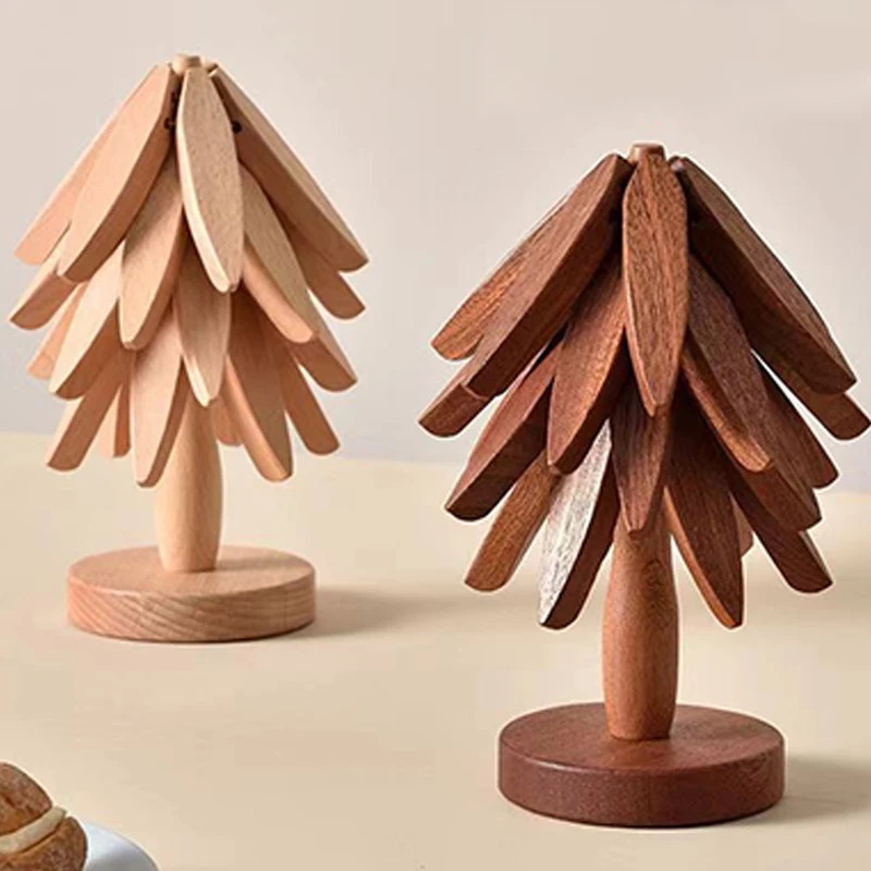 Walnut Creative Tree Design Bracket Solid Wood Christmas Tree Decoration Anti Scald Heat Resistant Table Mat, Cup Mat, Pot Mat