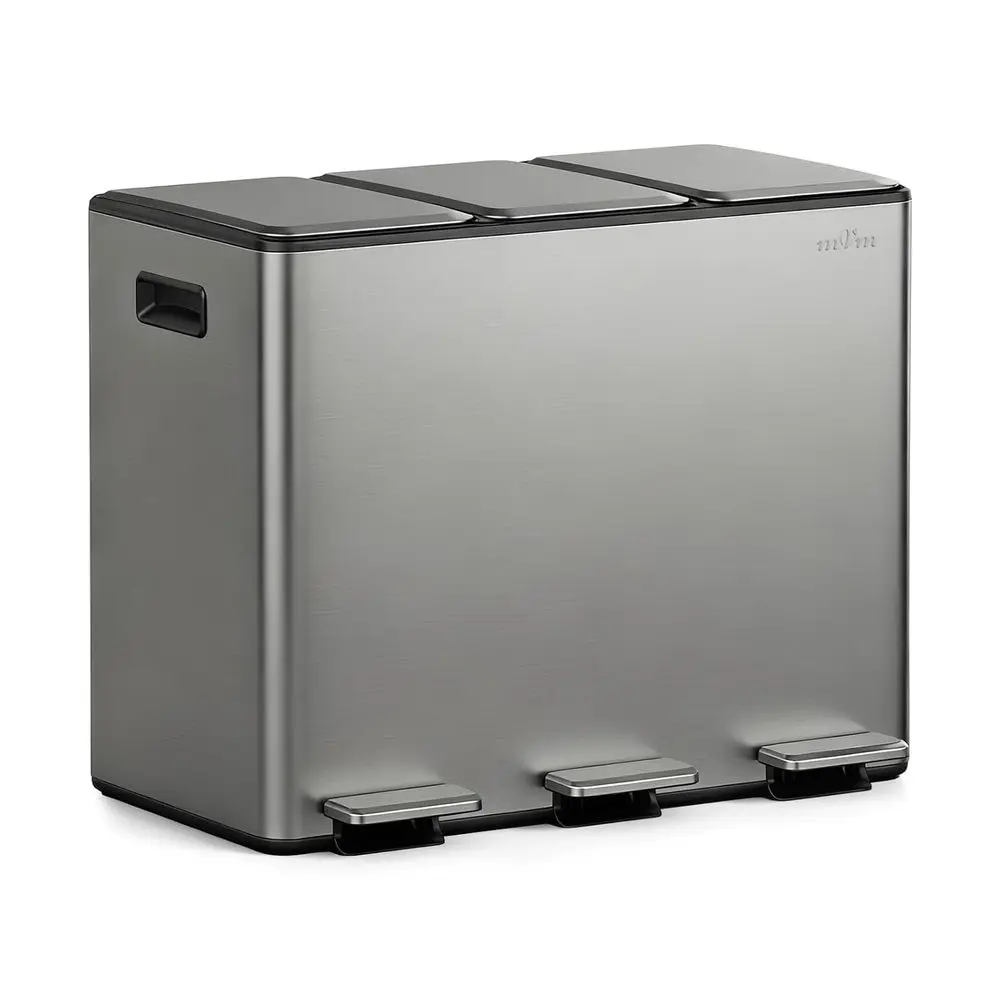 

Трехсекционный мусорный бак с двойными крышками, объем 12 галлонов, серый, для кухни