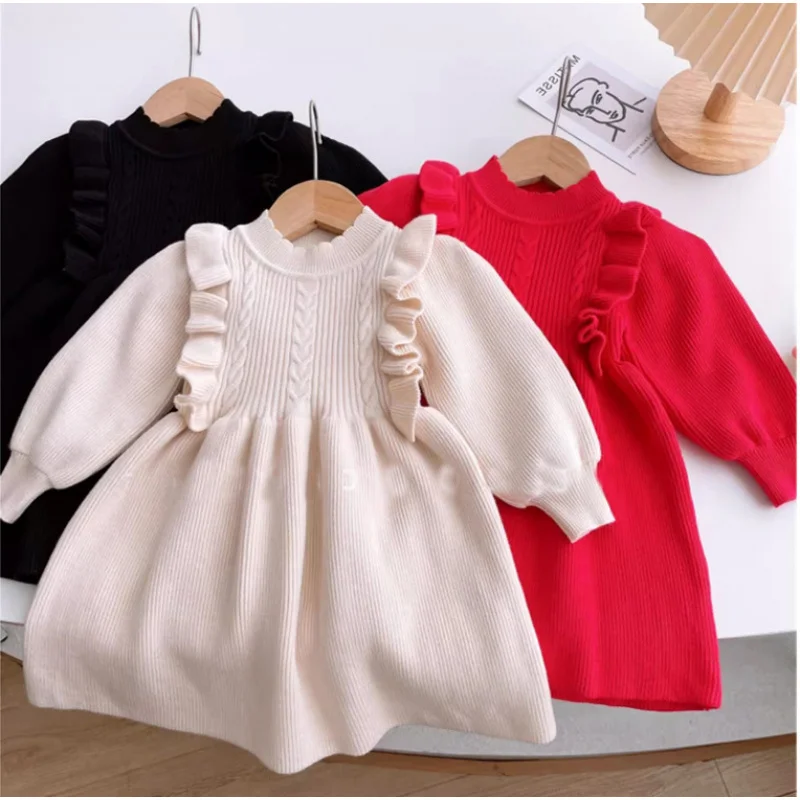 Girl's Sweater Skirt Spring and Autumn2024New Western Style Baby Girl Knitted Dress Children Red Princess Dress