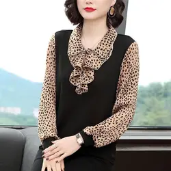 Vintage Women's Clothing Leopard Patchwork O-neck Pullovers Ladies Fashion Tops Undercoat Casual Black Long Sleeve T-Shirts