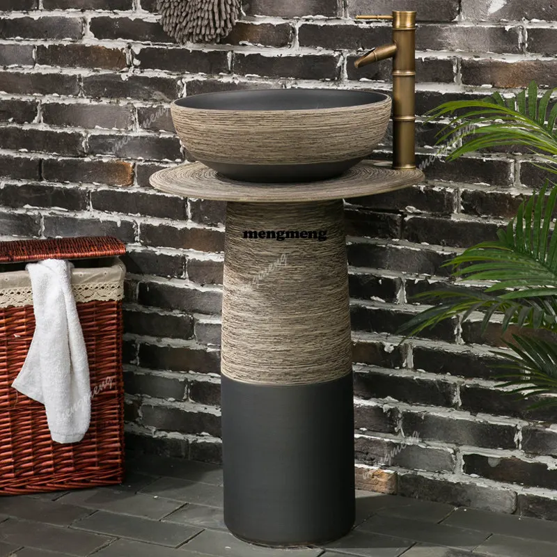 Retro-Säulenwaschgesicht, integriertes Säulenwaschbecken für den Außenbereich, Waschbecken aus Keramik im Innenhof