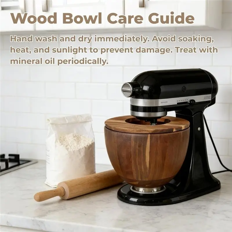 TAIGH-Wooden Bowl With Splash-Proof Lid For Kitchenaid 4.5& 5 QT Tilt-Head Stand Mixers- Acacia Wood Material