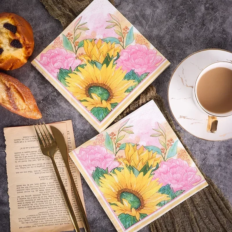 Color Printing Napkin Wedding Tissue Paper Party paper placemat Mouth Cloth Sunflower Pure Wood Pulp Paper 20 Sheet Cheap