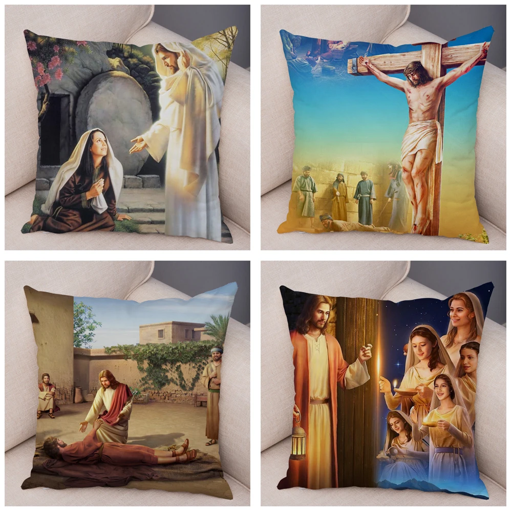 Vintage Jesus Christ Cushion Cover for Sofa Home Decor Colorful Cartoon Christ Savior Pillow Case Soft Plush Pillowcase 45x45cm