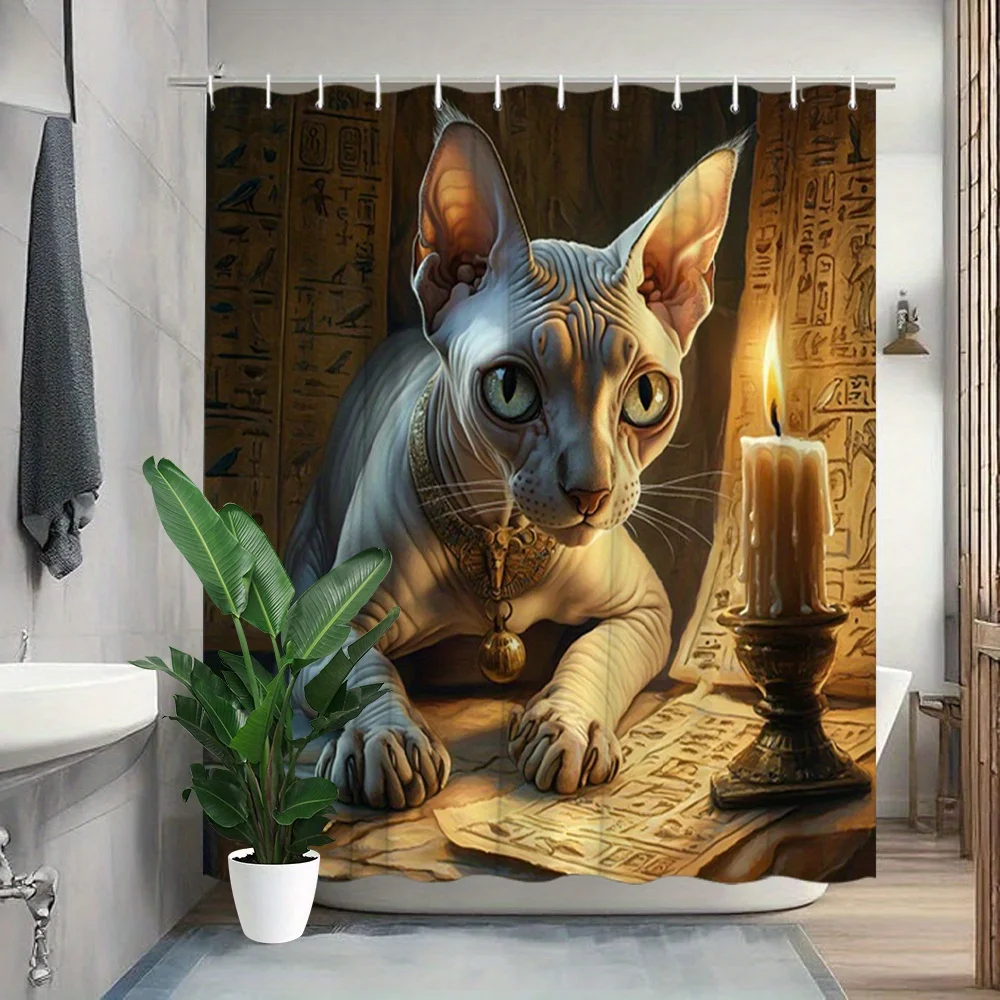 Vintage Egyptian Sphynx Cat Hieroglyph Candle Ancient Scroll Print Shower Curtain Waterproof Mildew Resistant Polyester Fabric W
