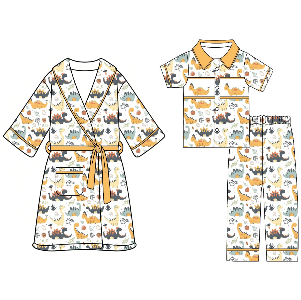 Boys Dinosaur Print Summer Short-Sleeve Top and Pants Boutique Pajamas Set Matching Robe 2-Piece Set