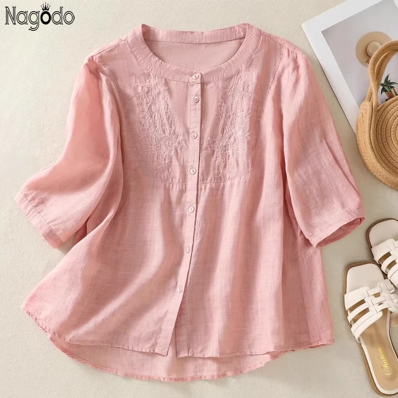 

Summer Cotton Linen Women's Top Embroidery Round Neck Half Sleeve Tee Solid Button Vintage Blouse Breathable Tea Clothing