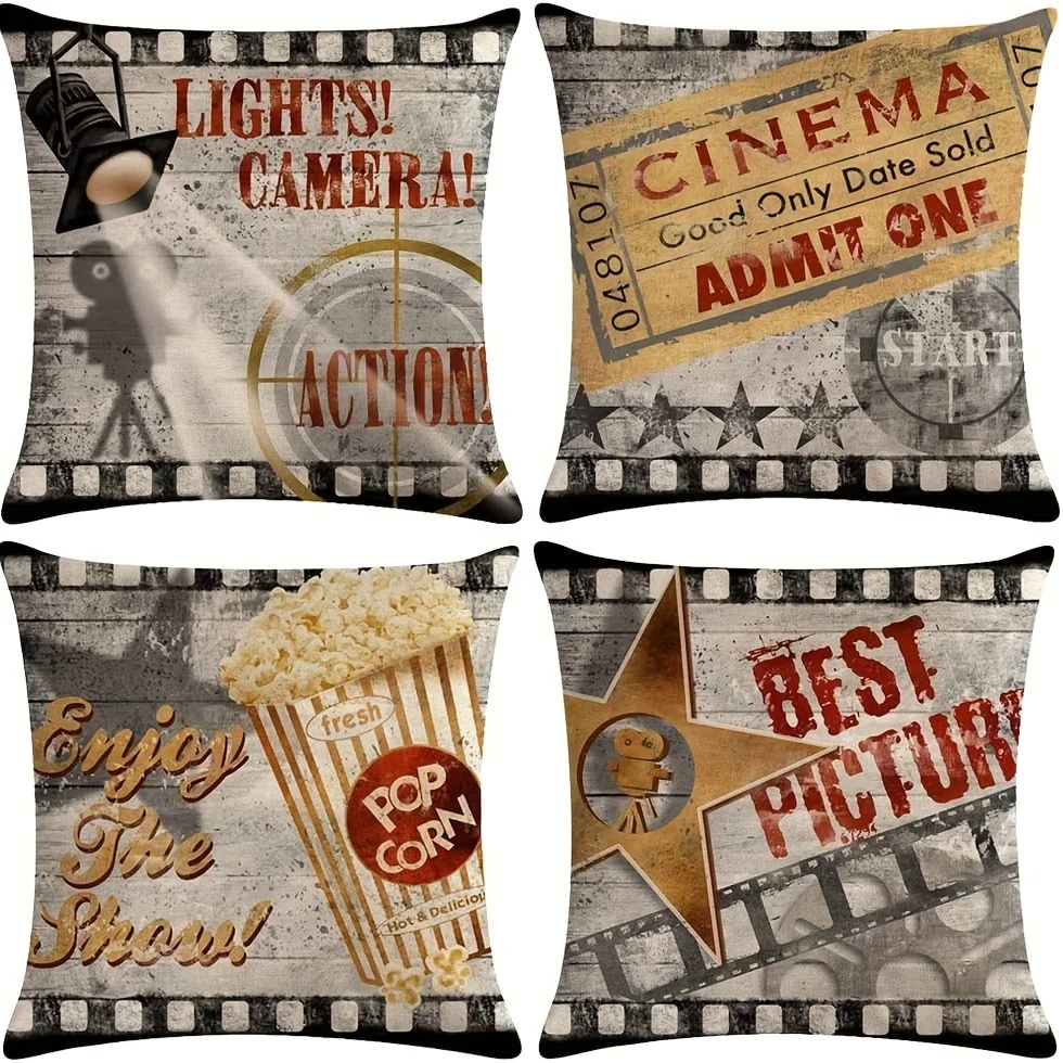 4-Pack Vintage Cinema Poster Pillow Covers – Movie Theater Theme with Popcorn, Filmstrip, Clapboard, Square Cushion Cases