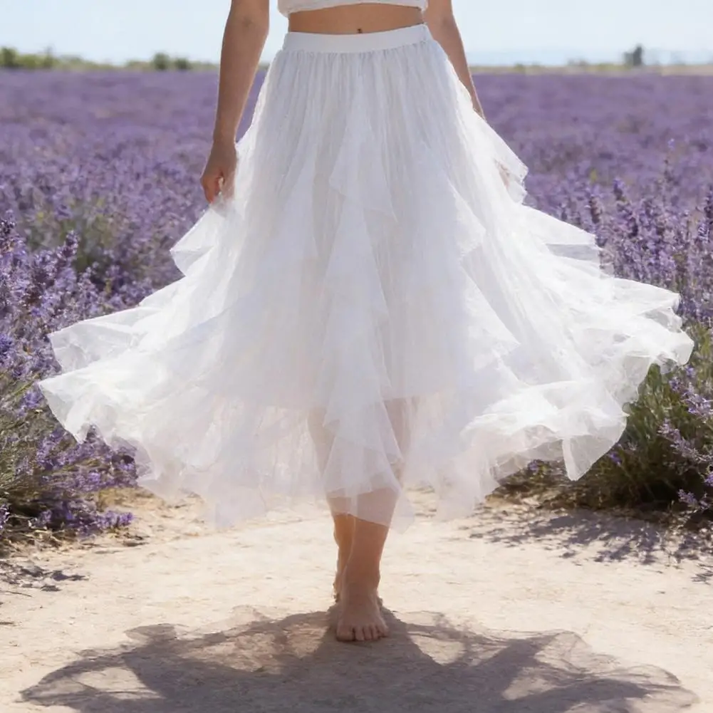 Casual Elegant Skirt Women’s Tulle Skirt High Waist Elastic Layered Maxi Skirt Flowy A Line Fairy Midi Length Tiered