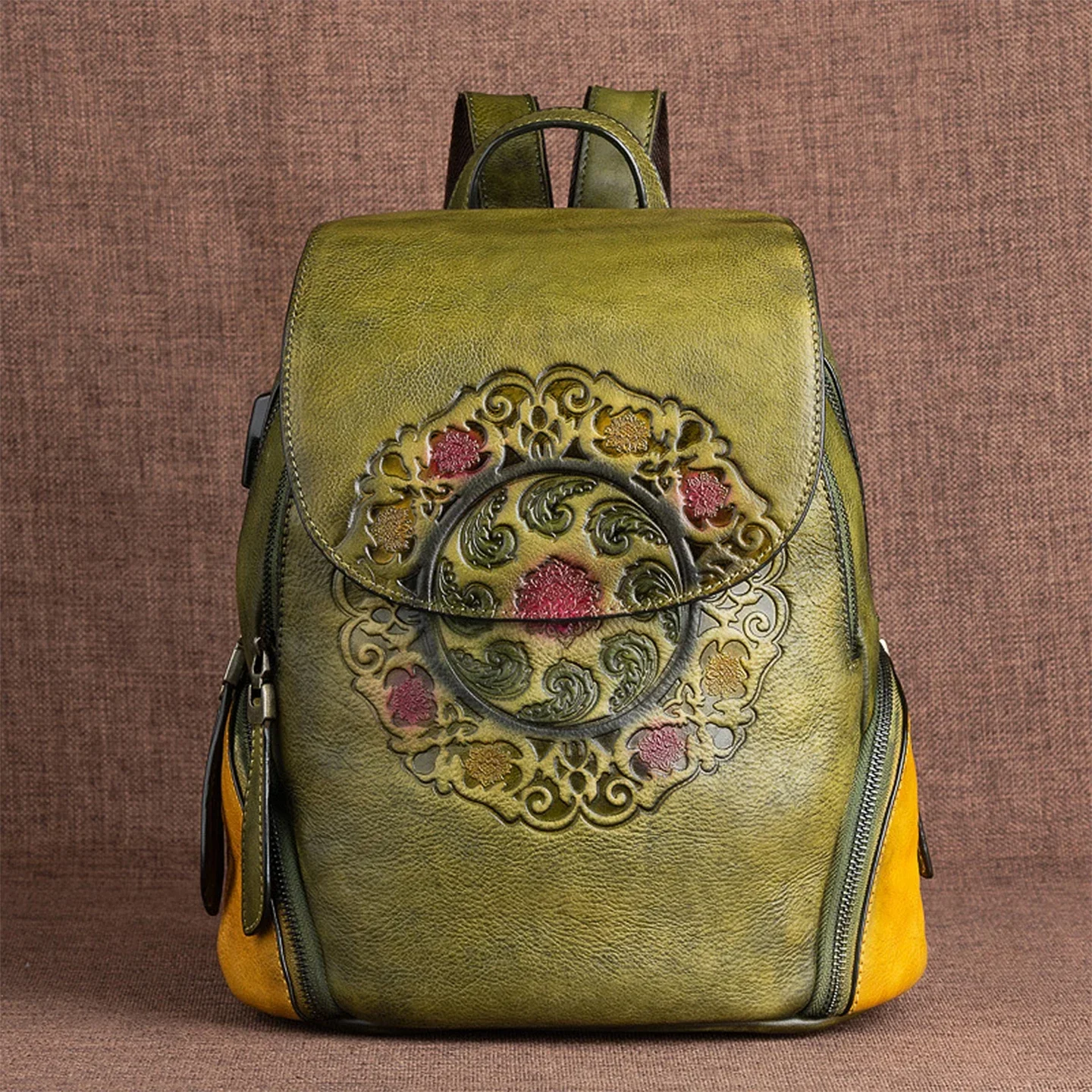 Vintage Ethnic Embossed Pattern Backpack High End Genuine Cowhide Original Unique Design Casual Commute School Travel Rucksack
