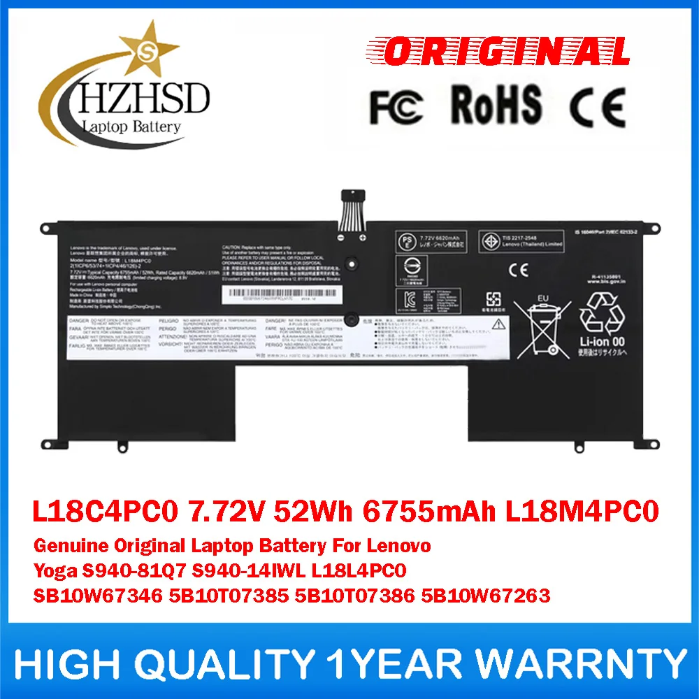 

L18C4PC0 7.72V 52Wh 6755mAh L18M4PC0 L18L4PC0 Genuine Original Laptop Battery For Lenovo Yoga S940-81Q7 5B10T07385/6 5B10W67263