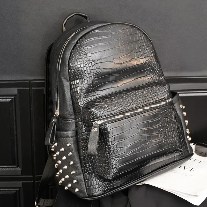Alligator Pattern Rivet Backpack Men Fashion Design Computer Bag Student School Bag Men\'s Backpack Couple Bag Travel Backpack