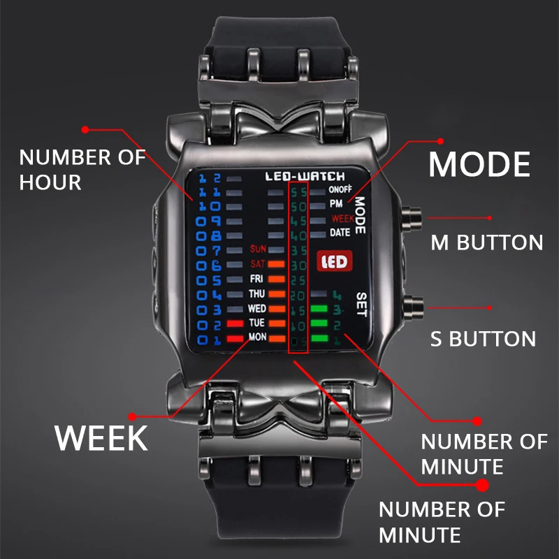 Binary Watch Men LED Digital Watches Luminous Fashion Sport Waterproof Watches For Man Clock New Relogio Masculino