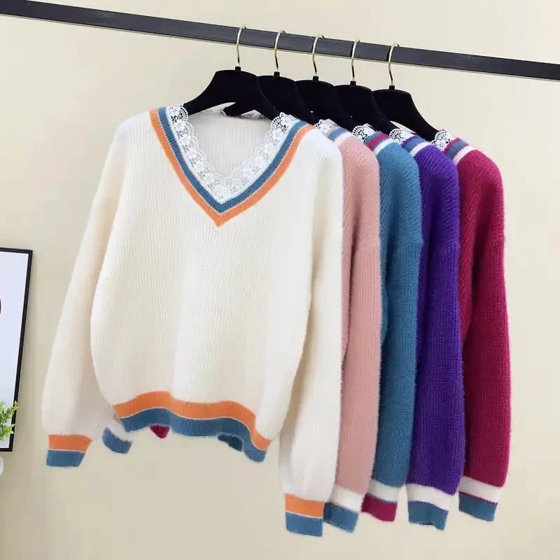 

New Autumn Winter Women Sweater Sold Warm Turtlenecks Casual V Neck Oversized Lady Sweaters Knitted Pullover Top Pull Femme