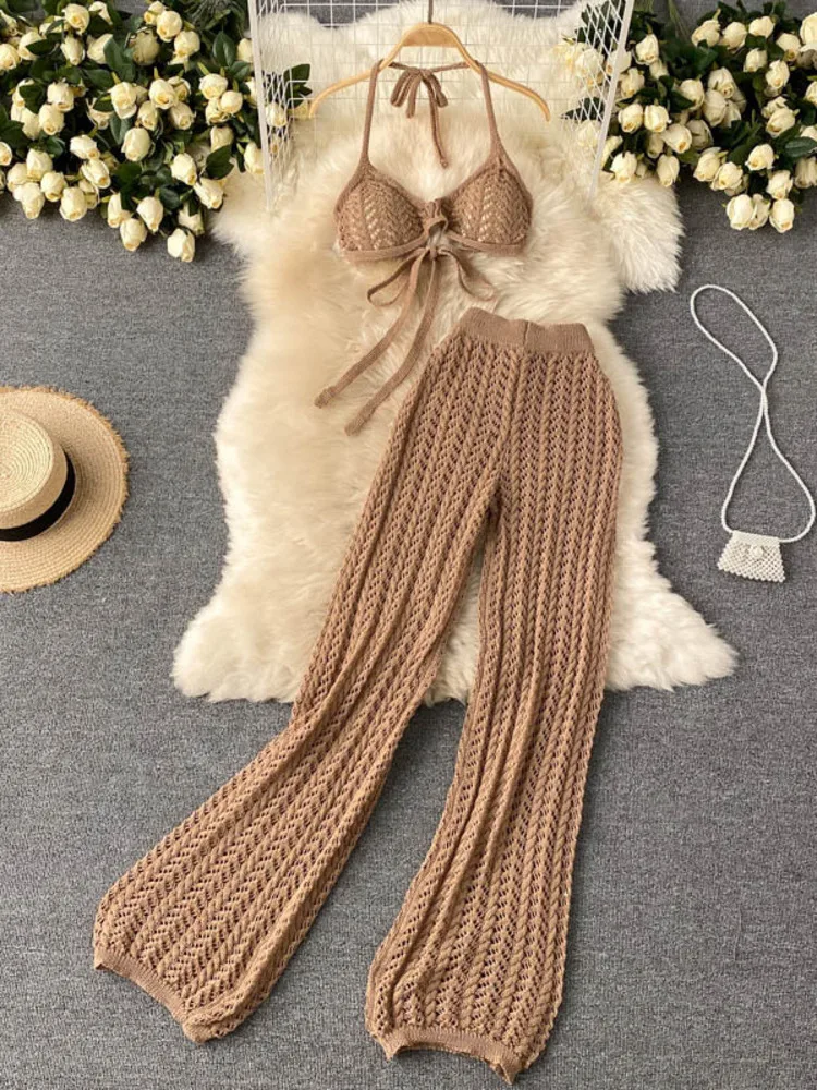 Women Summer Design Knitted Set Sexy Backless Halter Short Tops+Chic Hollow Knitted Wide Leg Long Pants Two Piece Suit